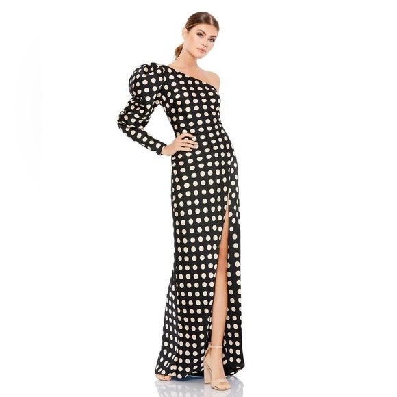 Mac Duggal One Sleeve Polka Dot Sheath Gown - Picture 6 of 6
